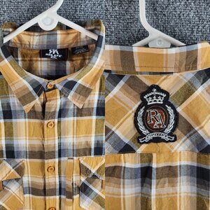 Red Ape 2XL Men Yellow Blue Plaid Short Sleeve Button Up Cotton Blend Embroidery